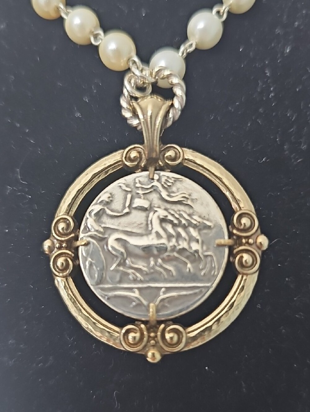 Brighton Gold and Silver Medallion Necklace with Cream Pearls - Picture 2 of 5